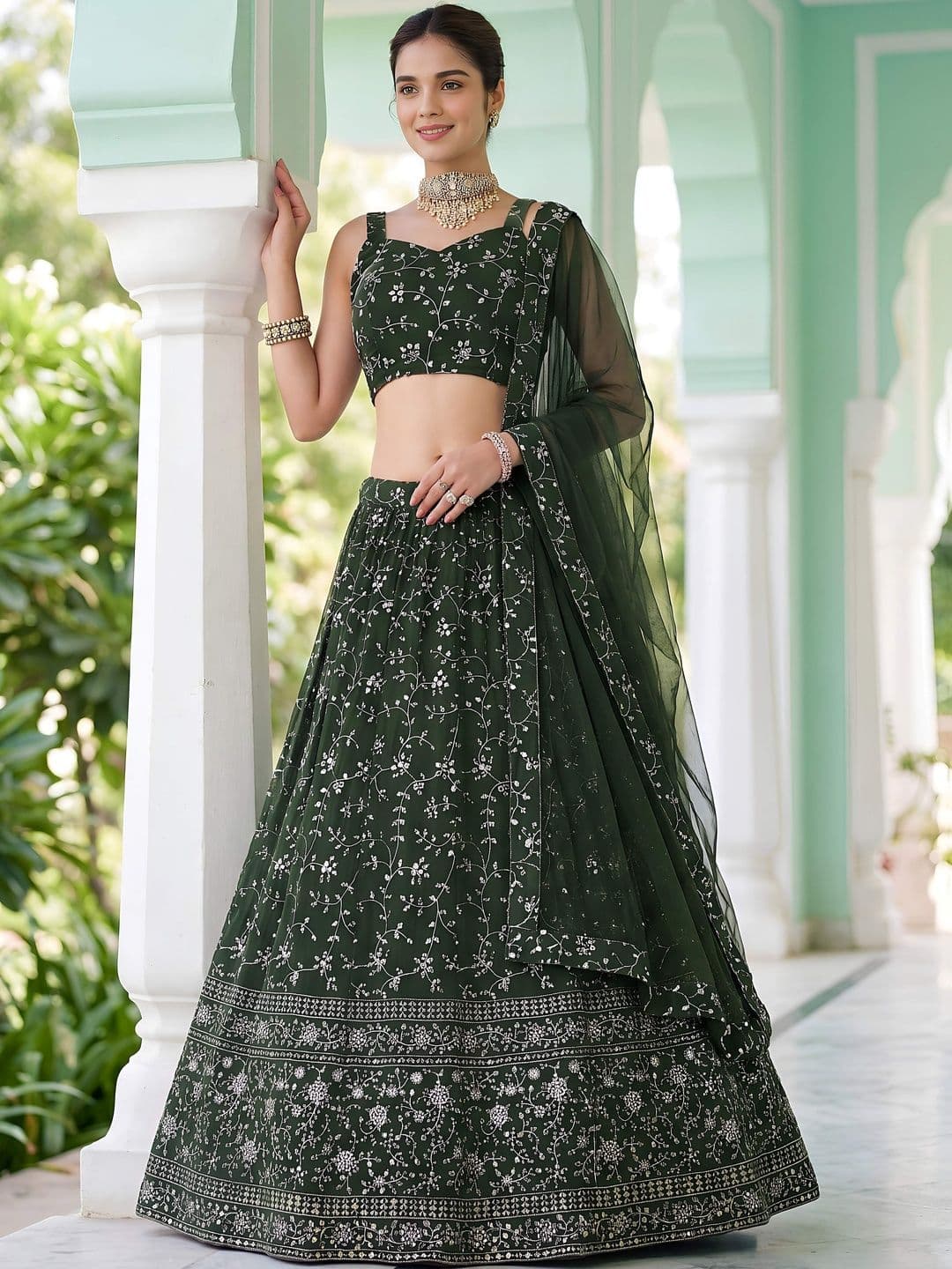 ETHNIC PLUS Embroidered Green Embellished Sequinned Semi-Stitched Lehenga & Blouse With Dupatta thumbnail 5