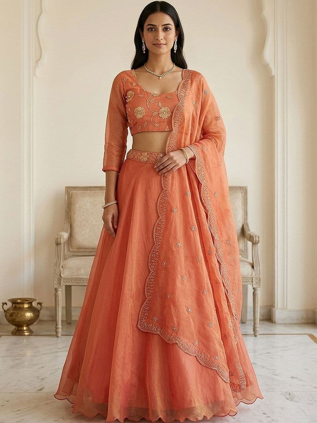 KALINI Embroidered Thread Work Semi-Stitched Lehenga & Blouse With Dupatta - view 1