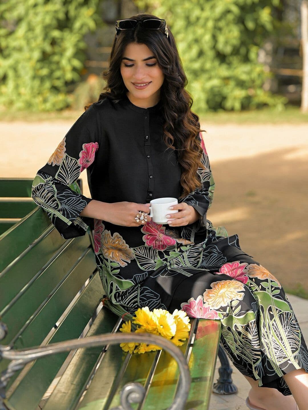 SKYLEE Foil Printed Black Silk Co Ords for Women thumbnail 3