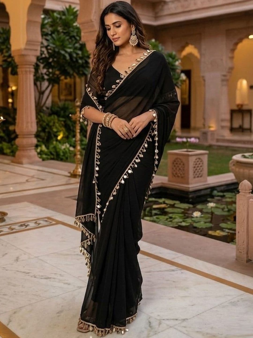 Sangria Embellished Border Sarees With Blouse Piece - view 1