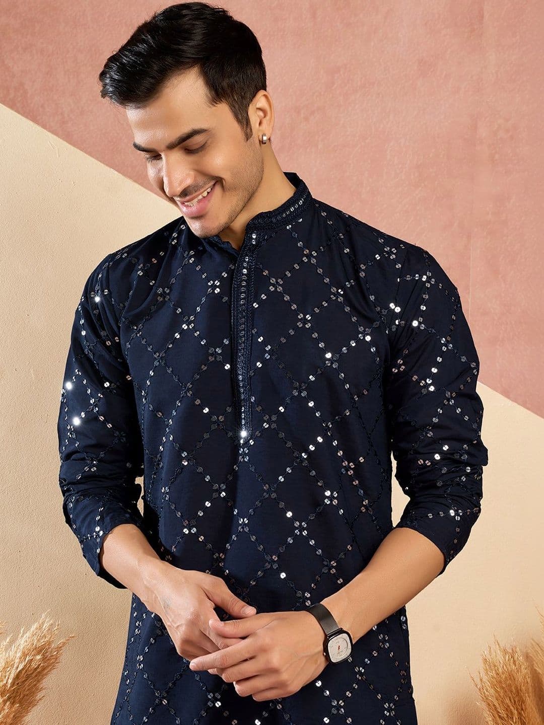 House of Pataudi Embroidered Cotton Mandarin Collar Knee Length Straight Kurta thumbnail 5