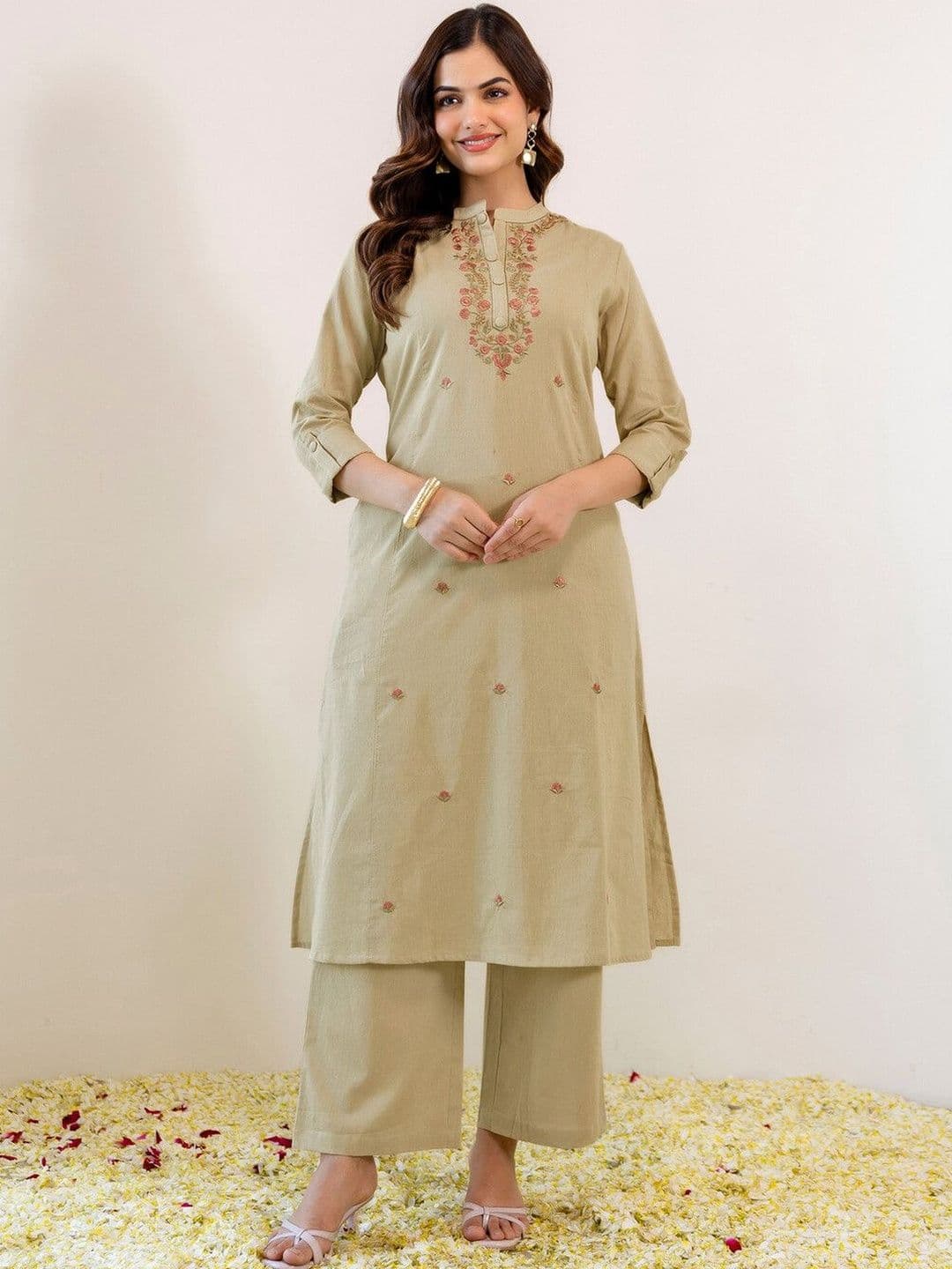 SKYLEE Embroidered Beige Viscose Rayon Co Ords for Women - view 1