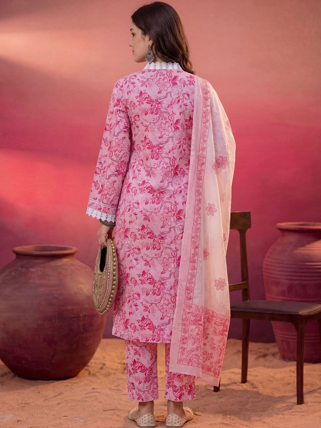 Sangria Printed Pure Cotton V-Neck Kurta & Trousers With Dupatta thumbnail 7
