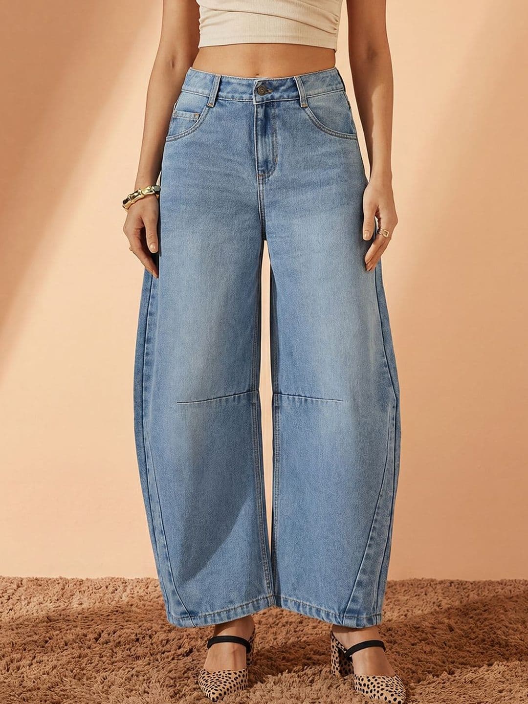Miss Chase Women High Rise Whiskering & Knee Dart Detailing Barrel Fit Denim Jeans - view 1