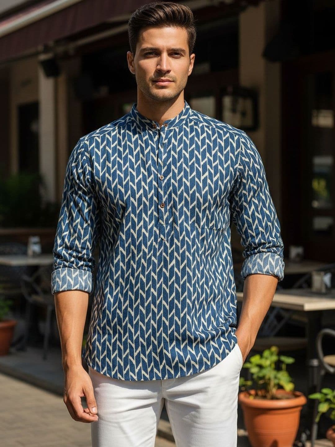 RICH STAG Men Geometric Printed Indigo Kurta - view 1