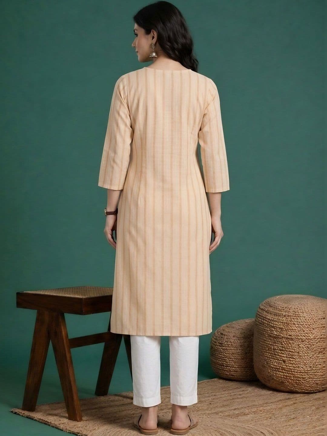 Sangria Straight Fit Striped V-Neck Calf Length Straight Kurtas thumbnail 2