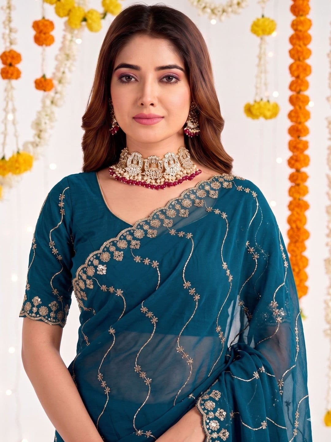 all about you Embellished Embroidered Poly Georgette Heavy Work Saree thumbnail 5