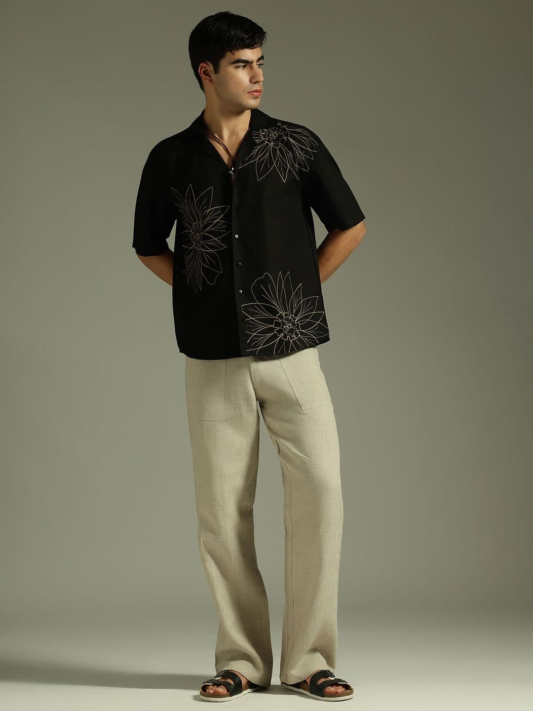 DENNISON Relaxed Fit Floral Embroidered Drop-Shoulder Sleeves Oversized Cotton Shirt thumbnail 5