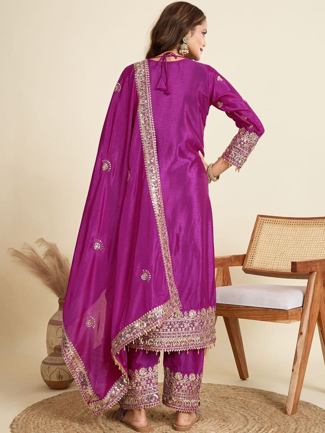 SATINOSTITCH Women Ethnic Motifs Embroidered Regular Sequinned Kurta with Trousers & With Dupatta thumbnail 4