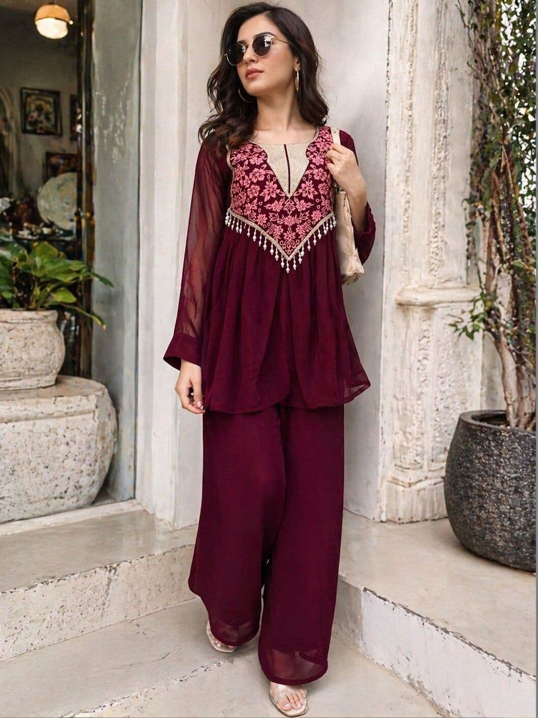 PRIMESKY Women Floral Embroidered Empire Thread Work Silk Georgette Kurti with Palazzos thumbnail 4