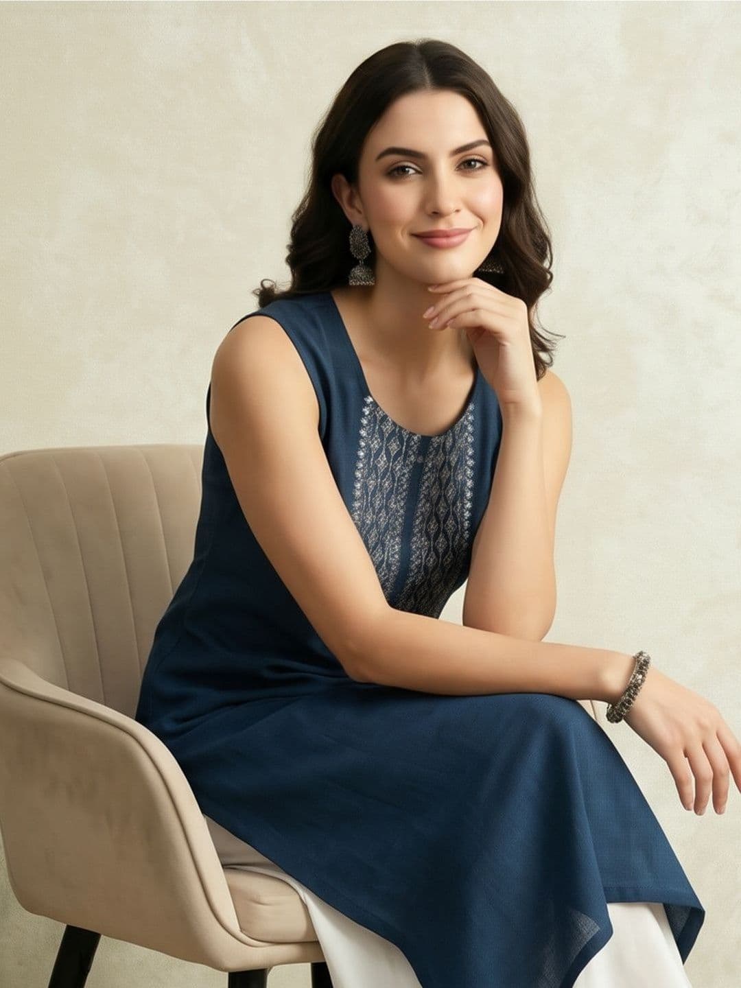 Jaipur Kurti Women Ethnic Motifs Embroidered Thread Work Indigo Kurta thumbnail 5