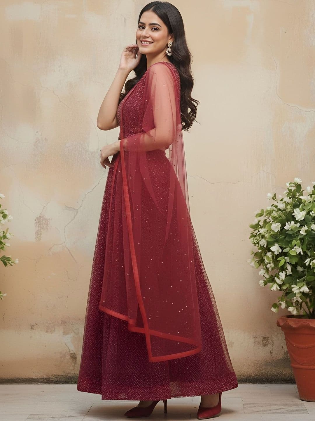 House of Pataudi Embellished Net Round Neck Flared Lehenga Choli thumbnail 3