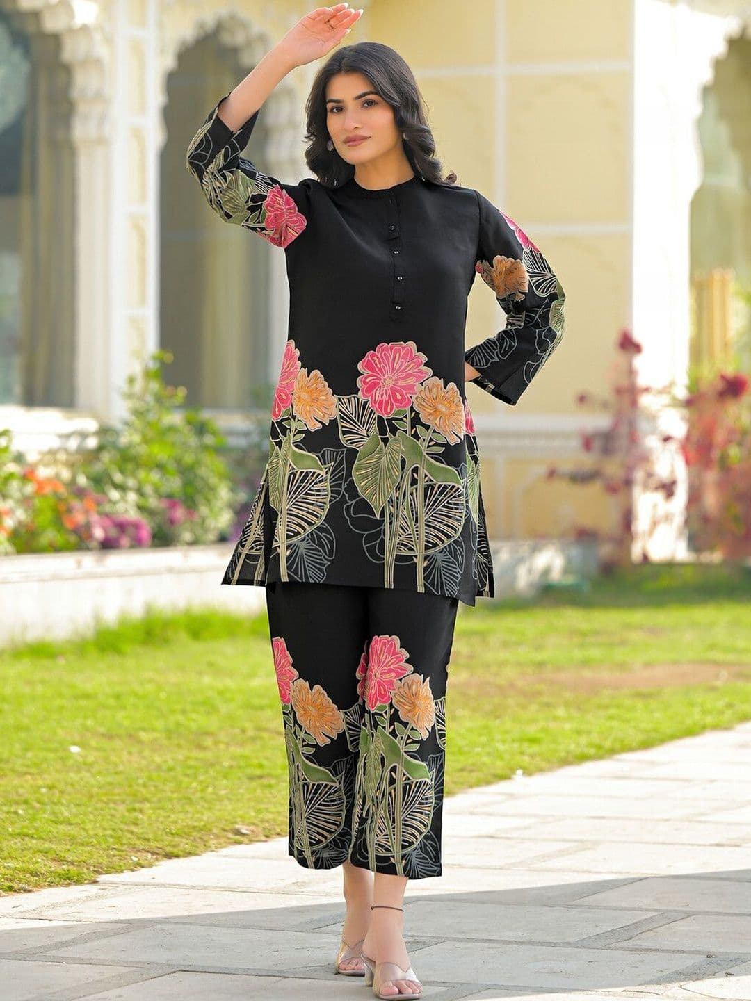 SKYLEE Foil Printed Black Silk Co Ords for Women thumbnail 7