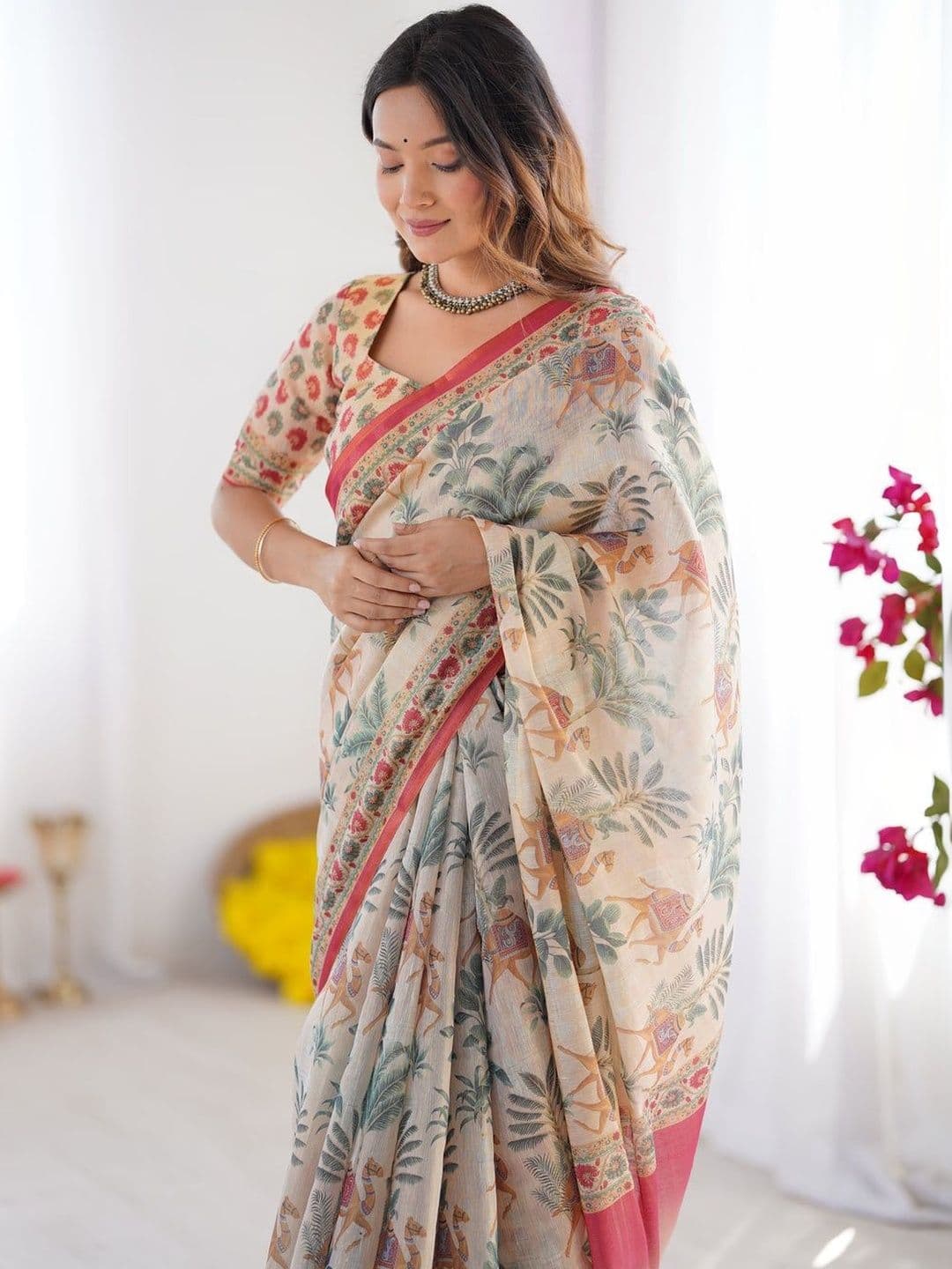 Siya Fashion Ethnic Motifs Linen Blend Designer Saree thumbnail 2