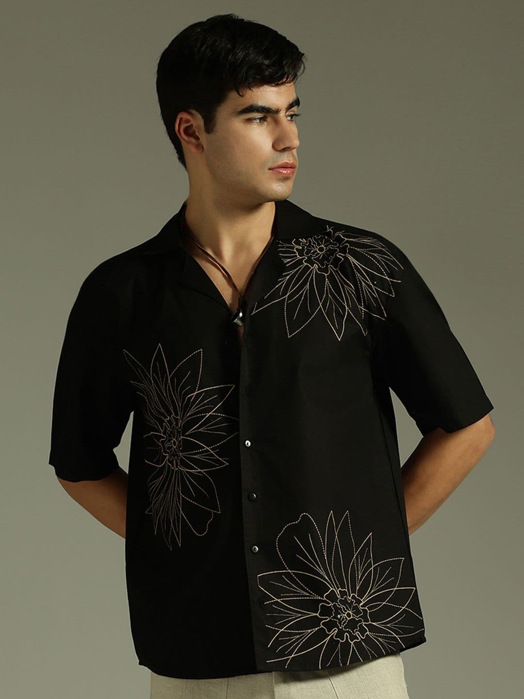 DENNISON Relaxed Fit Floral Embroidered Drop-Shoulder Sleeves Oversized Cotton Shirt - view 1