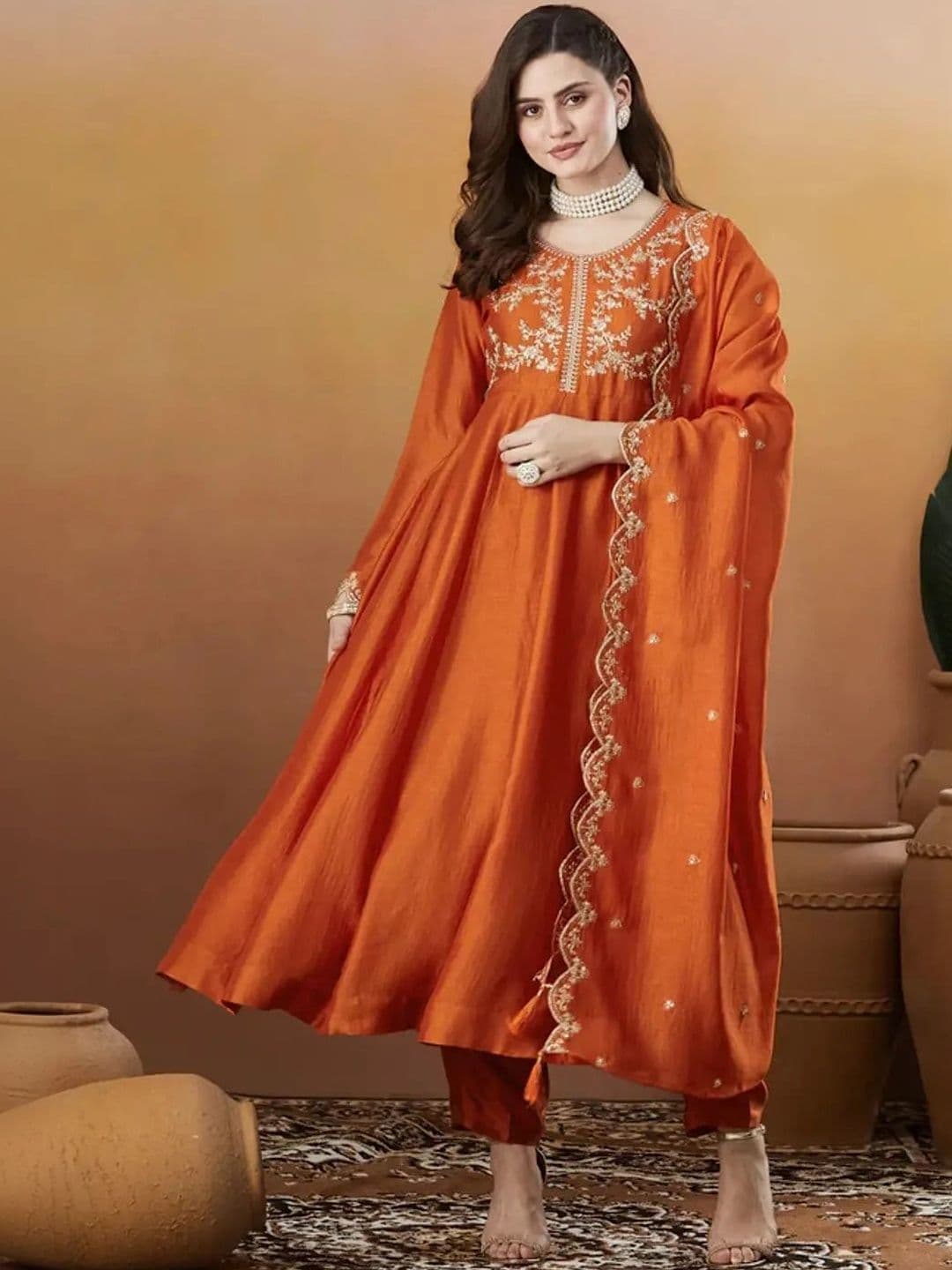 HERE&NOW Women Ethnic Motifs Embroidered Empire Thread Work Kurta with Trousers & With Dupatta - view 1
