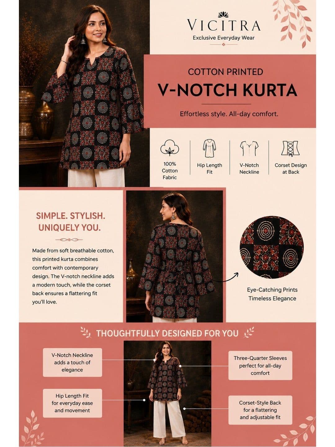 VICITRA Ethnic Motifs Printed V-Neck Flared Sleeves Pure Cotton Kurti thumbnail 3
