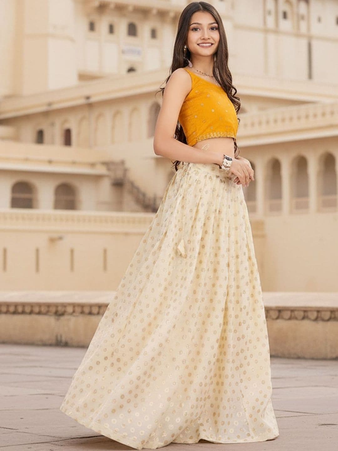 KALANANDI Girls Embroidered Thread Work Semi-Stitched Lehenga & thumbnail 5