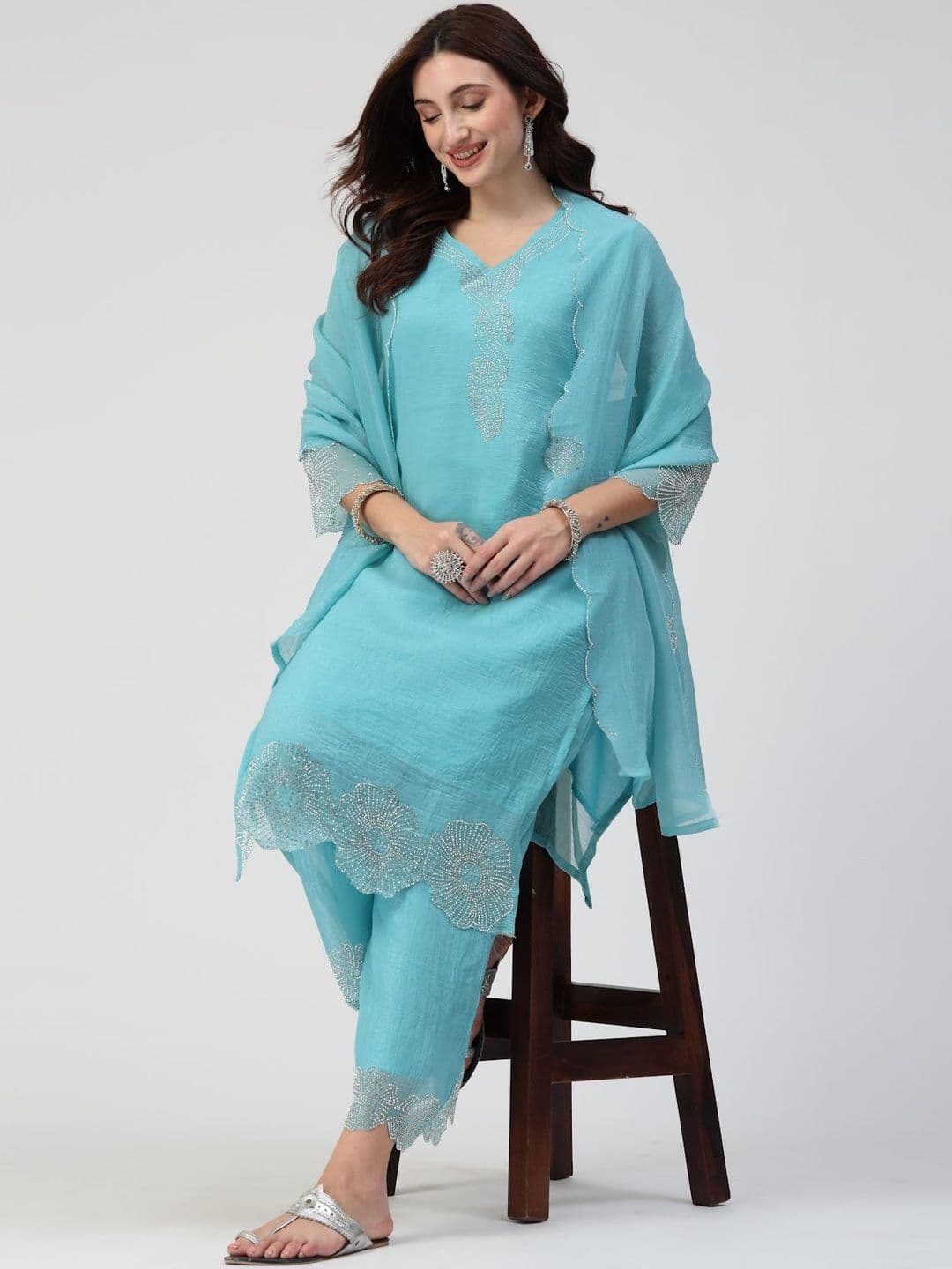 TS LIFESTYLE Women Ethnic Motifs Embroidered Regular Sequinned Kurta with Palazzos & With Dupatta thumbnail 2