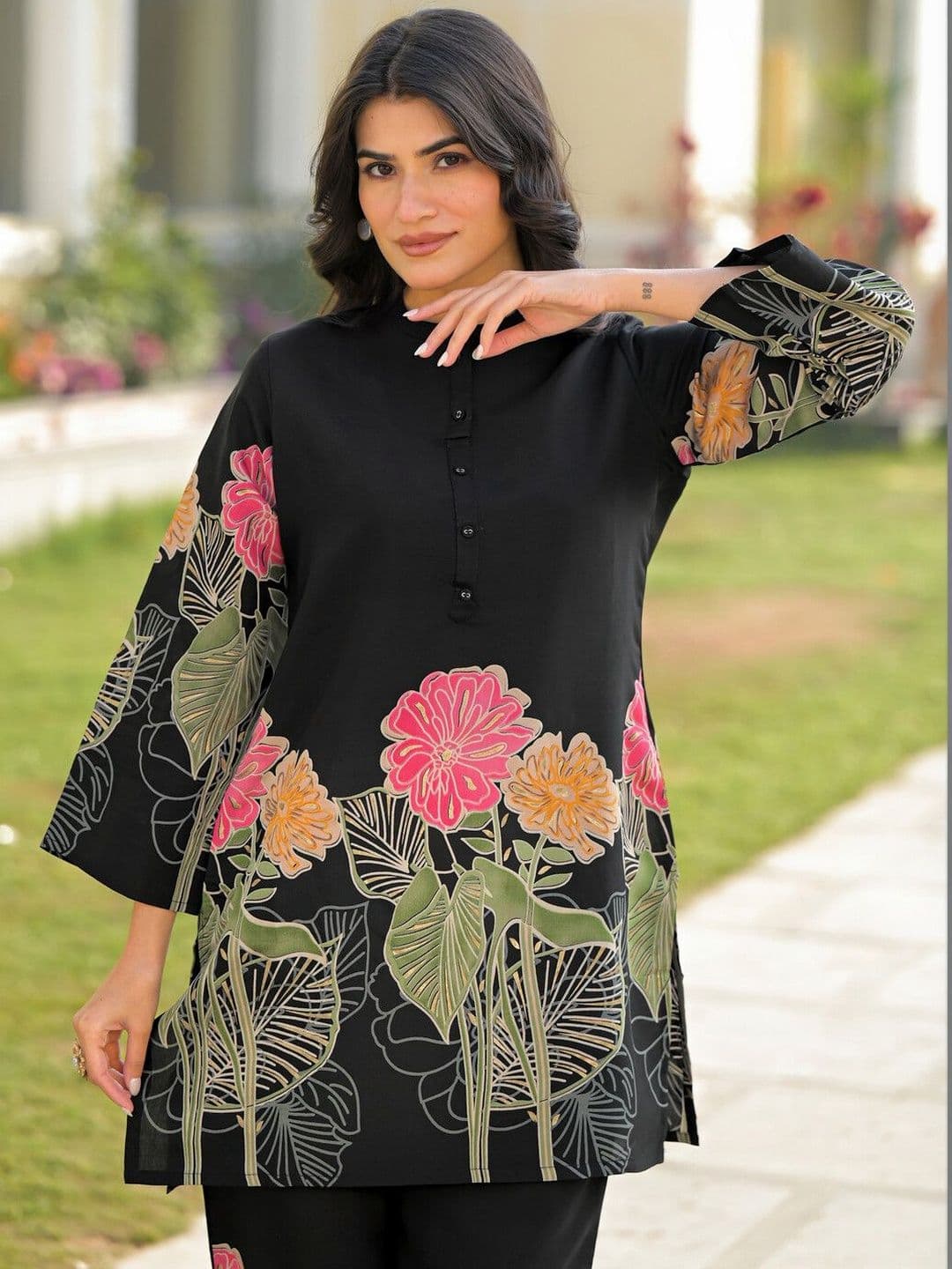SKYLEE Foil Printed Black Silk Co Ords for Women thumbnail 4
