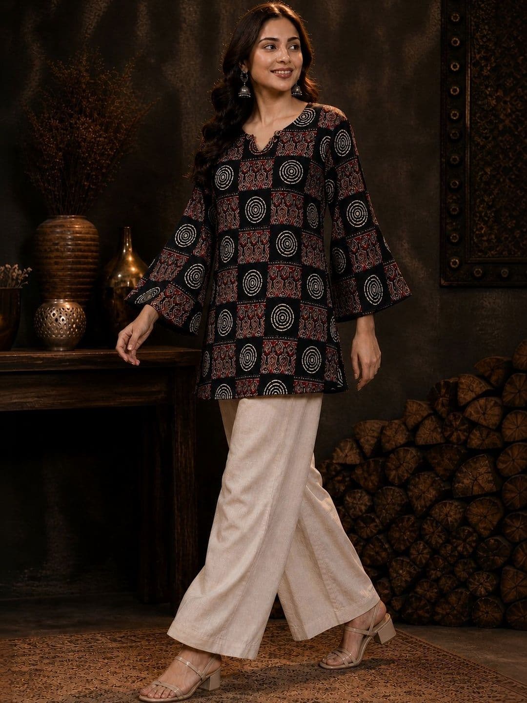 VICITRA Ethnic Motifs Printed V-Neck Flared Sleeves Pure Cotton Kurti thumbnail 6