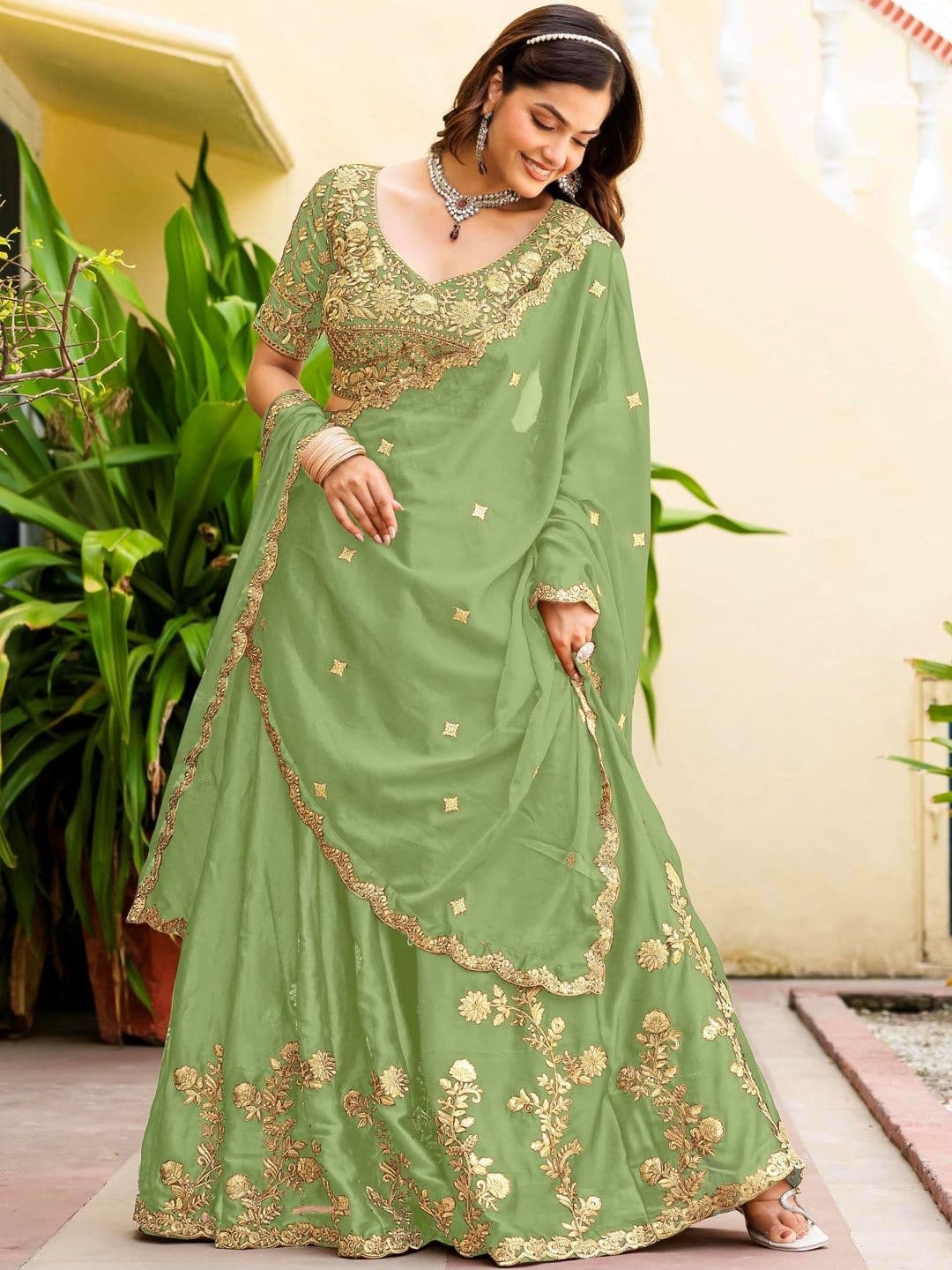 JIHU CULTURE Embroidered Semi-Stitched Lehenga & Blouse With Dupatta thumbnail 5