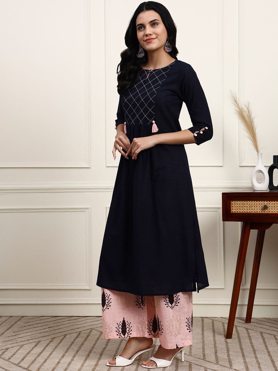 Idalia Women Navy Blue & Pink Yoke Design Kurta with Palazzos thumbnail 2