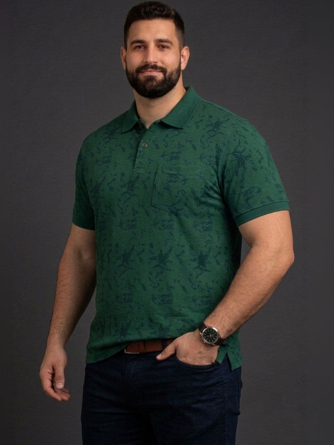 Mast & Harbour Men Floral Printed Polo Collar Pockets T-shirt thumbnail 6