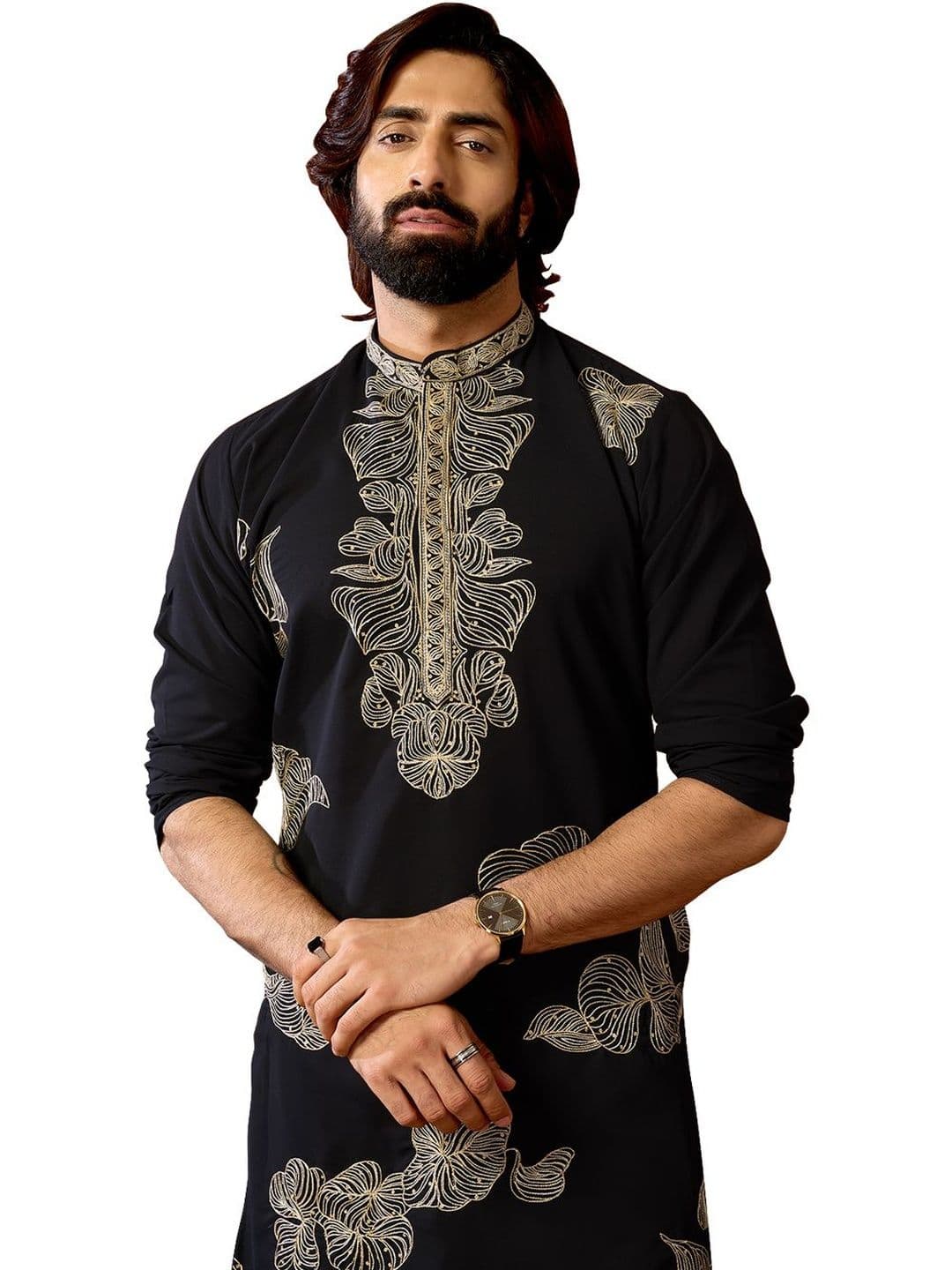 House of Pataudi Embroidered Cotton Mandarin Collar Knee Length Straight Kurtas thumbnail 3