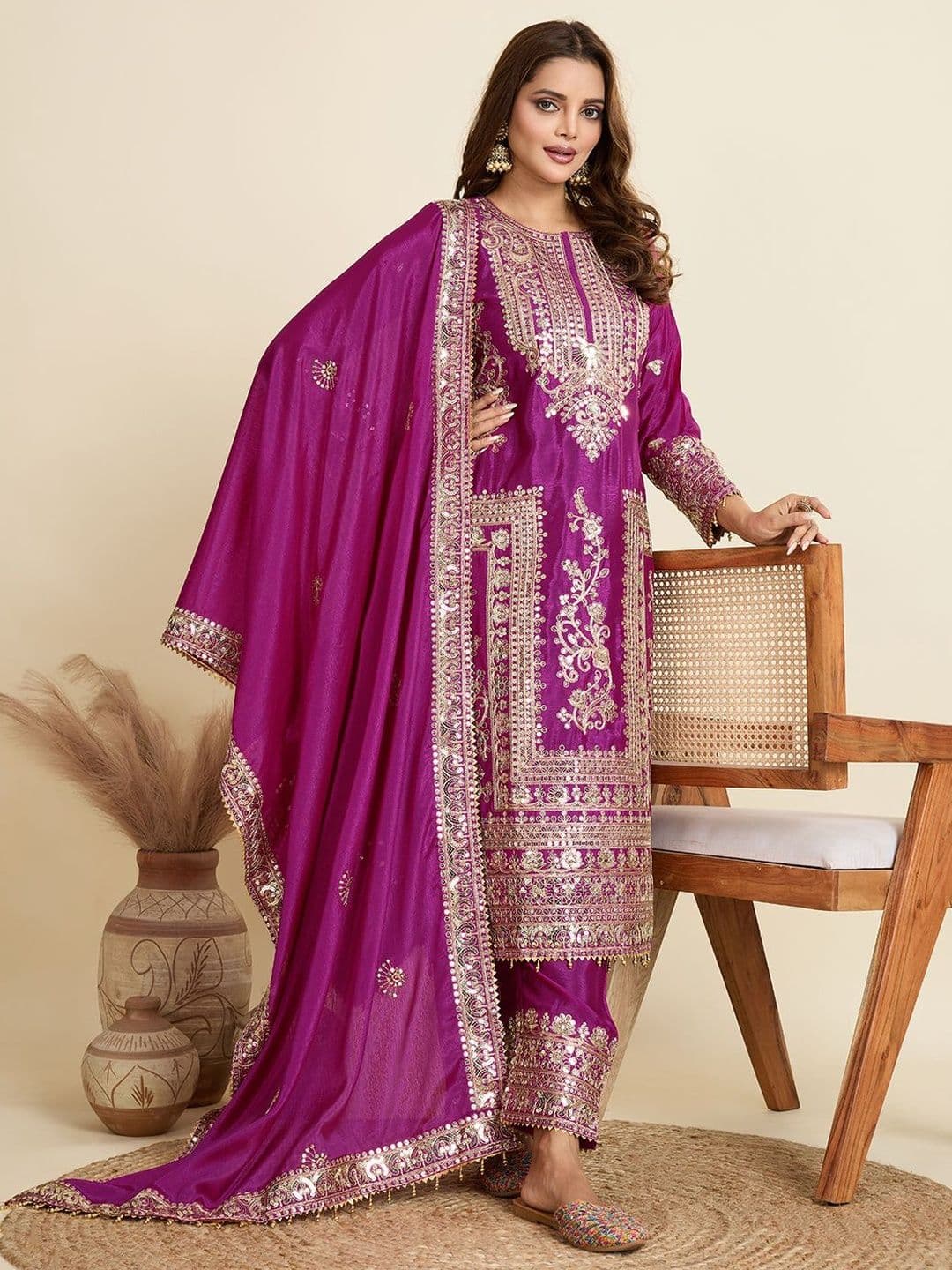 SATINOSTITCH Women Ethnic Motifs Embroidered Regular Sequinned Kurta with Trousers & With Dupatta thumbnail 2