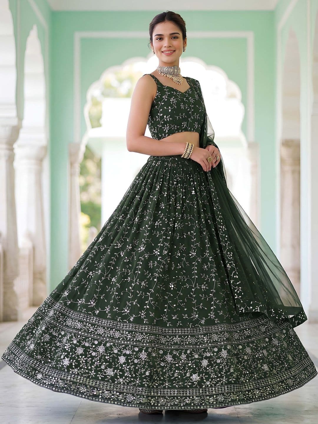 ETHNIC PLUS Embroidered Green Embellished Sequinned Semi-Stitched Lehenga & Blouse With Dupatta thumbnail 2