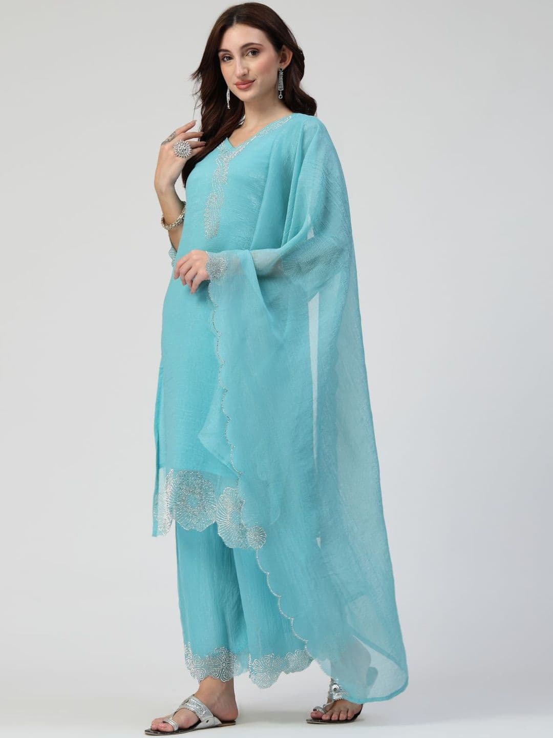 TS LIFESTYLE Women Ethnic Motifs Embroidered Regular Sequinned Kurta with Palazzos & With Dupatta thumbnail 7