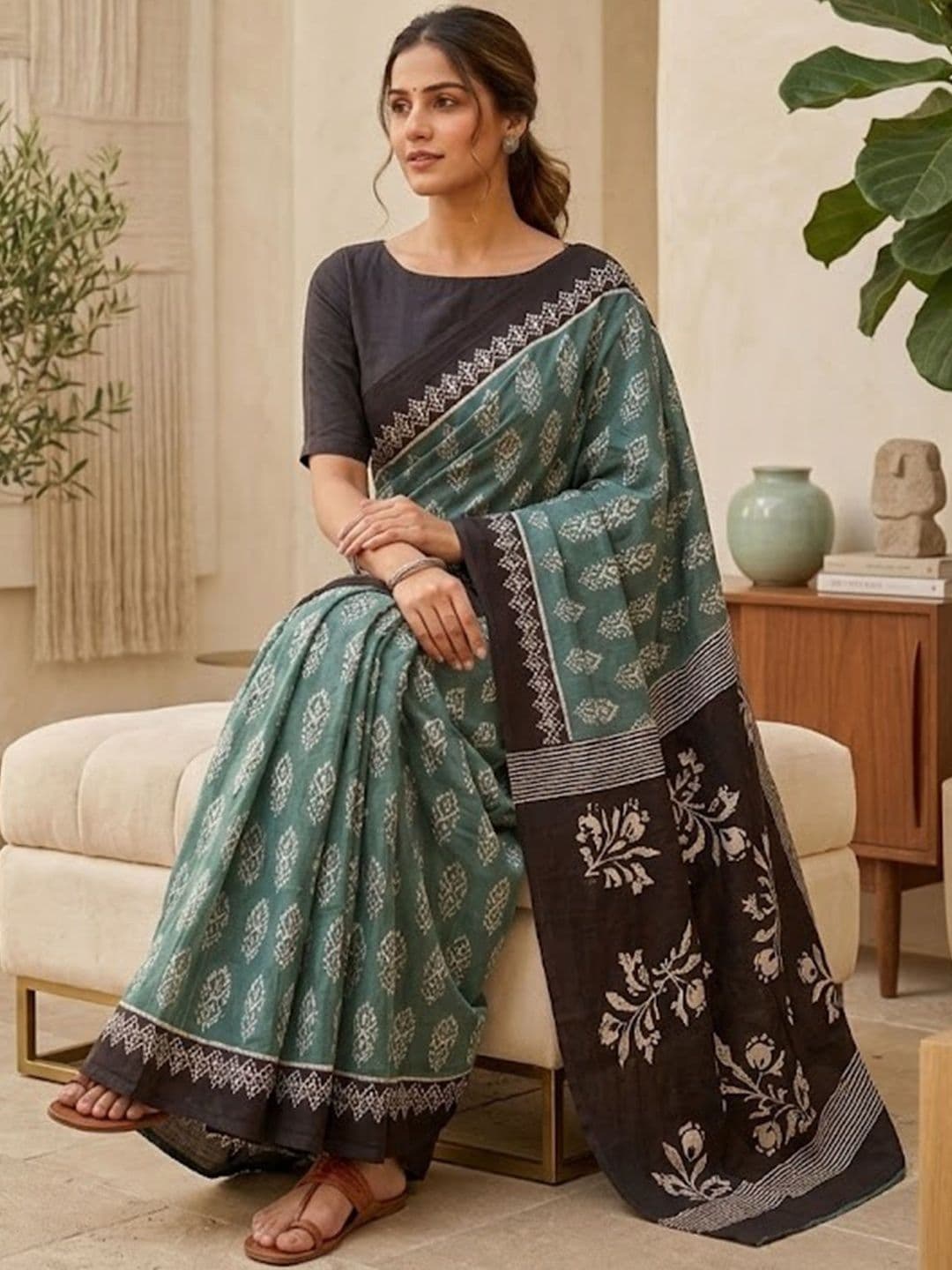Sangria Printed Pure Cotton Block Print Sarees Blouse thumbnail 6