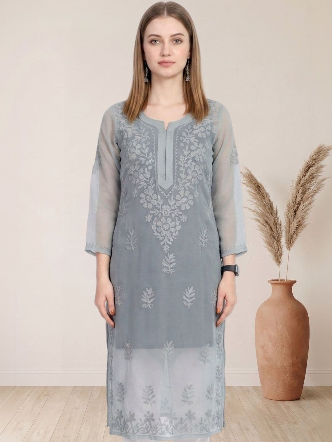 myplusfashion Women Ethnic Motifs Embroidered Chikankari Georgette Kurta - view 1