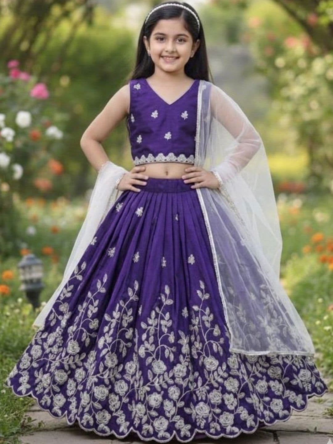 RJ ONLINE Girls Embroidered Thread Work Tie and Dye Semi-Stitched Lehenga & Blouse With Dupatta - view 1