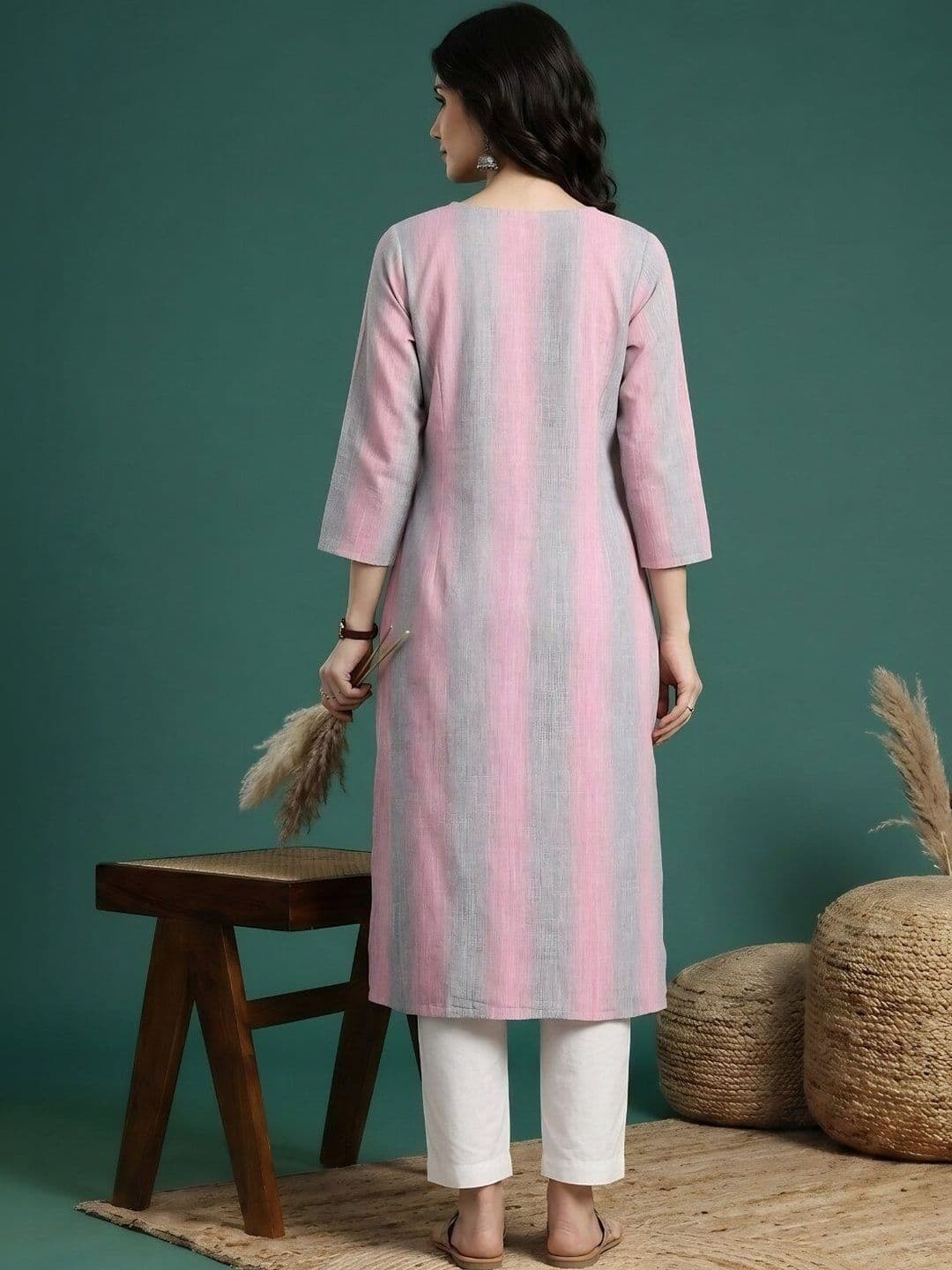 Sangria Striped Round Neck Calf Length Straight Kurtas thumbnail 4