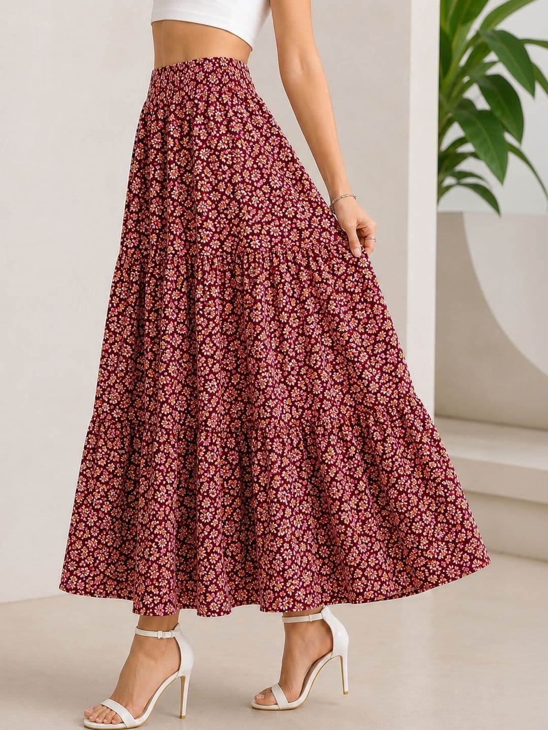 AmorLuxe Women Crepe Floral Midi A-Line Skirt thumbnail 2
