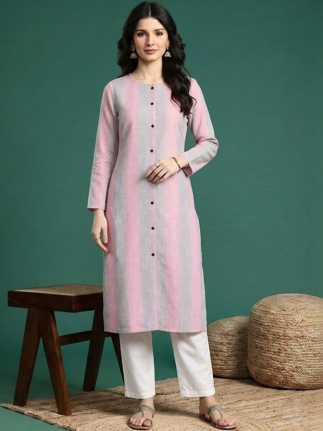 Sangria Striped Round Neck Calf Length Straight Kurtas - view 1