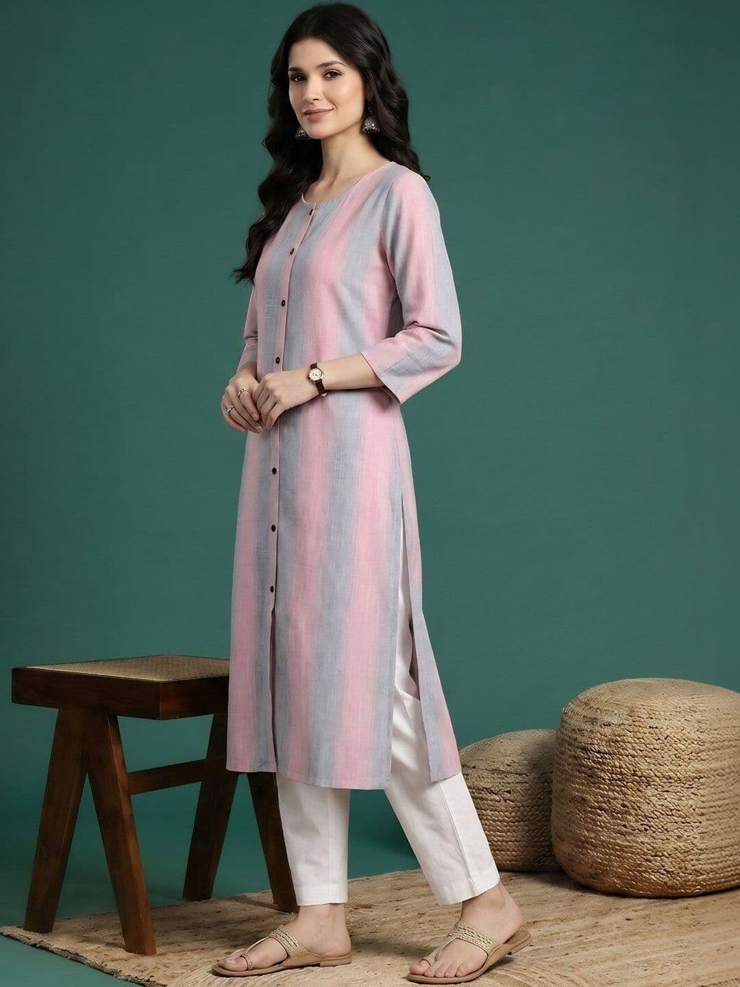 Sangria Striped Round Neck Calf Length Straight Kurtas thumbnail 3