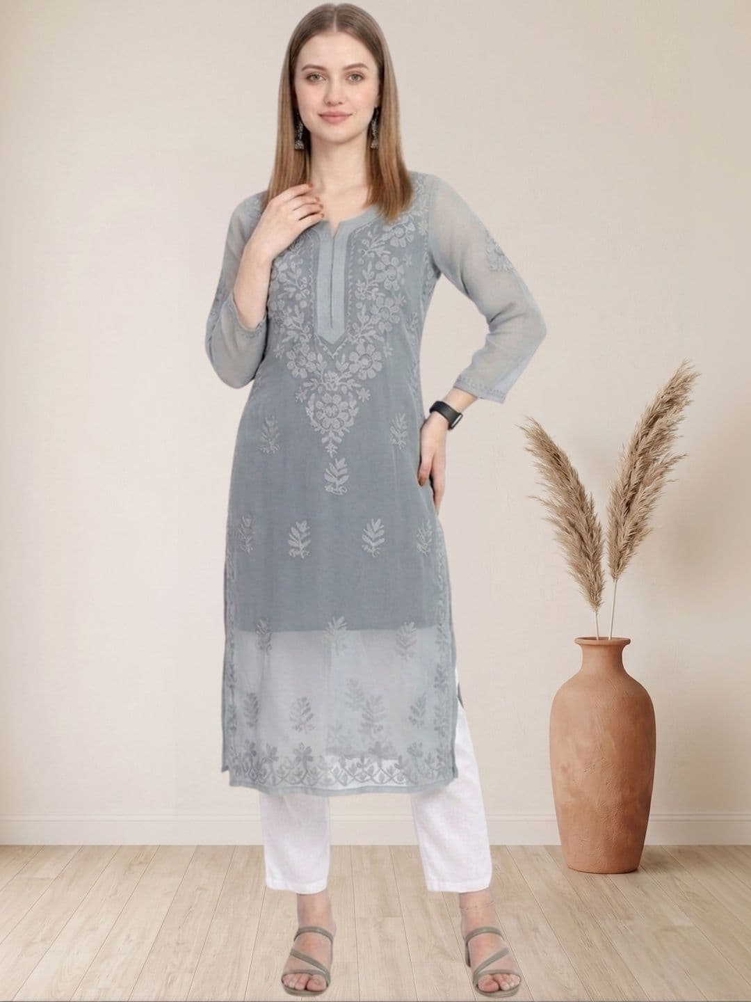 myplusfashion Women Ethnic Motifs Embroidered Chikankari Georgette Kurta thumbnail 5