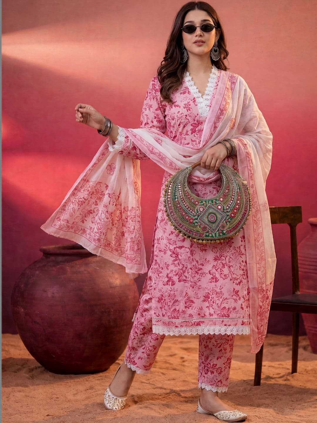 Sangria Printed Pure Cotton V-Neck Kurta & Trousers With Dupatta thumbnail 5