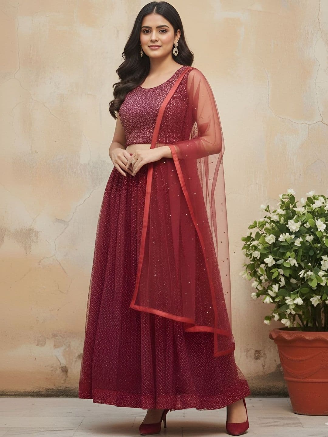 House of Pataudi Embellished Net Round Neck Flared Lehenga Choli thumbnail 2