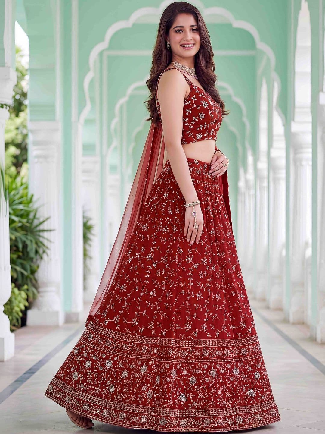 ETHNIC PLUS Red Embroidered Sequinned Ready to Wear Georgette Lehenga & Blouse With Dupatta thumbnail 4