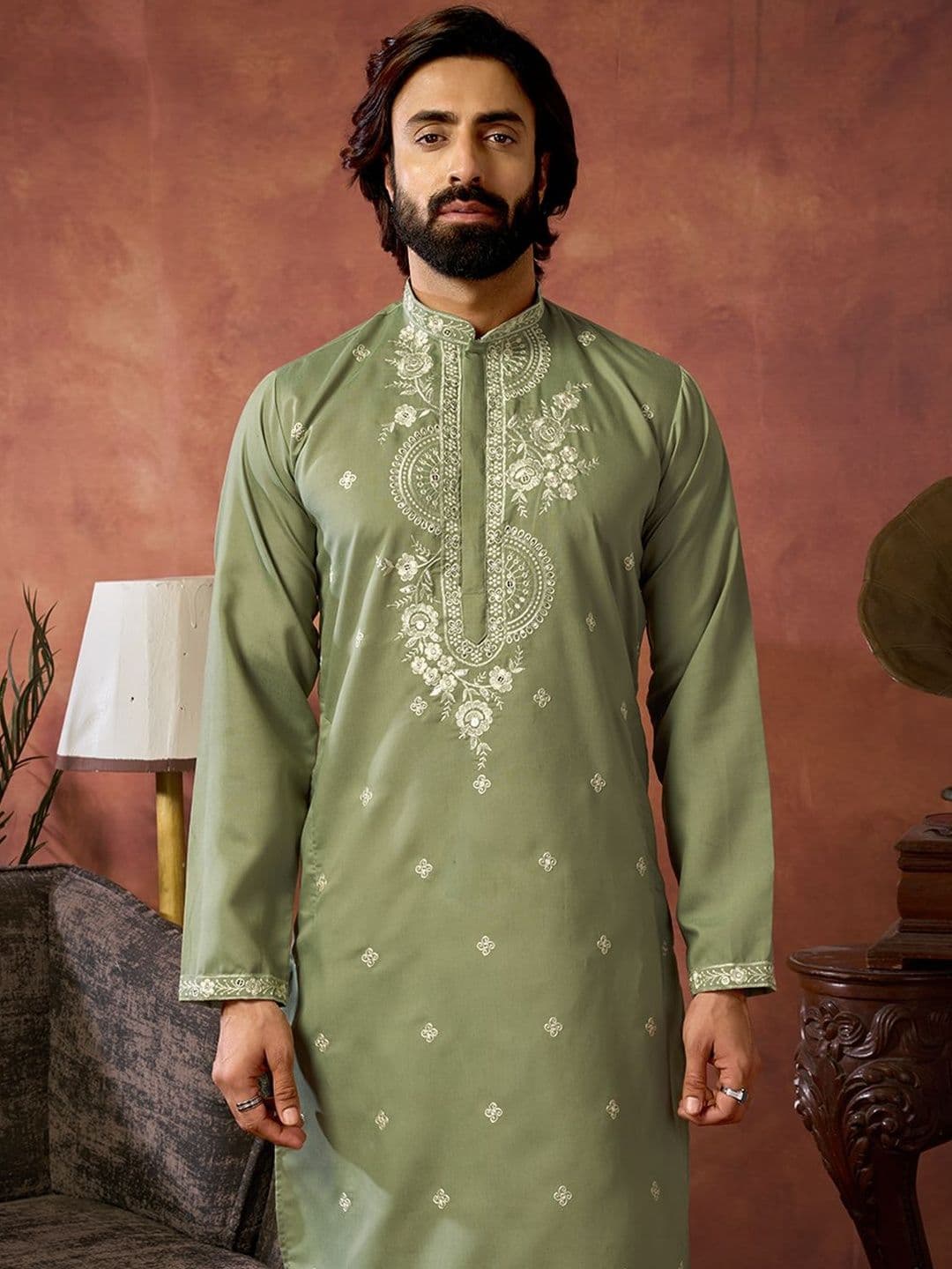 House of Pataudi Embroidered Cotton Mandarin Collar Knee Length Straight Kurta thumbnail 6