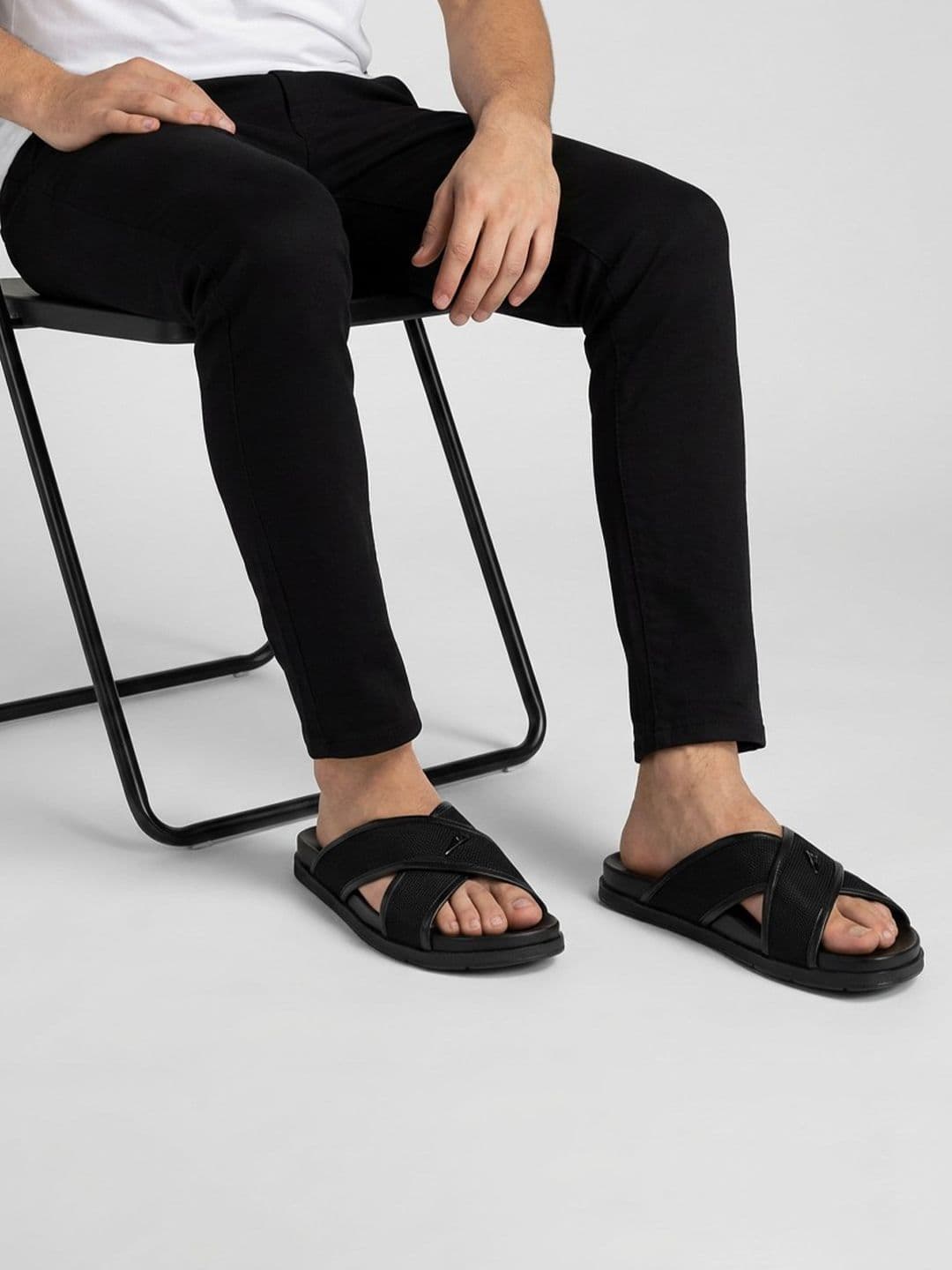 ZEESH Self Design Aero Navy Leather Sliders - view 1