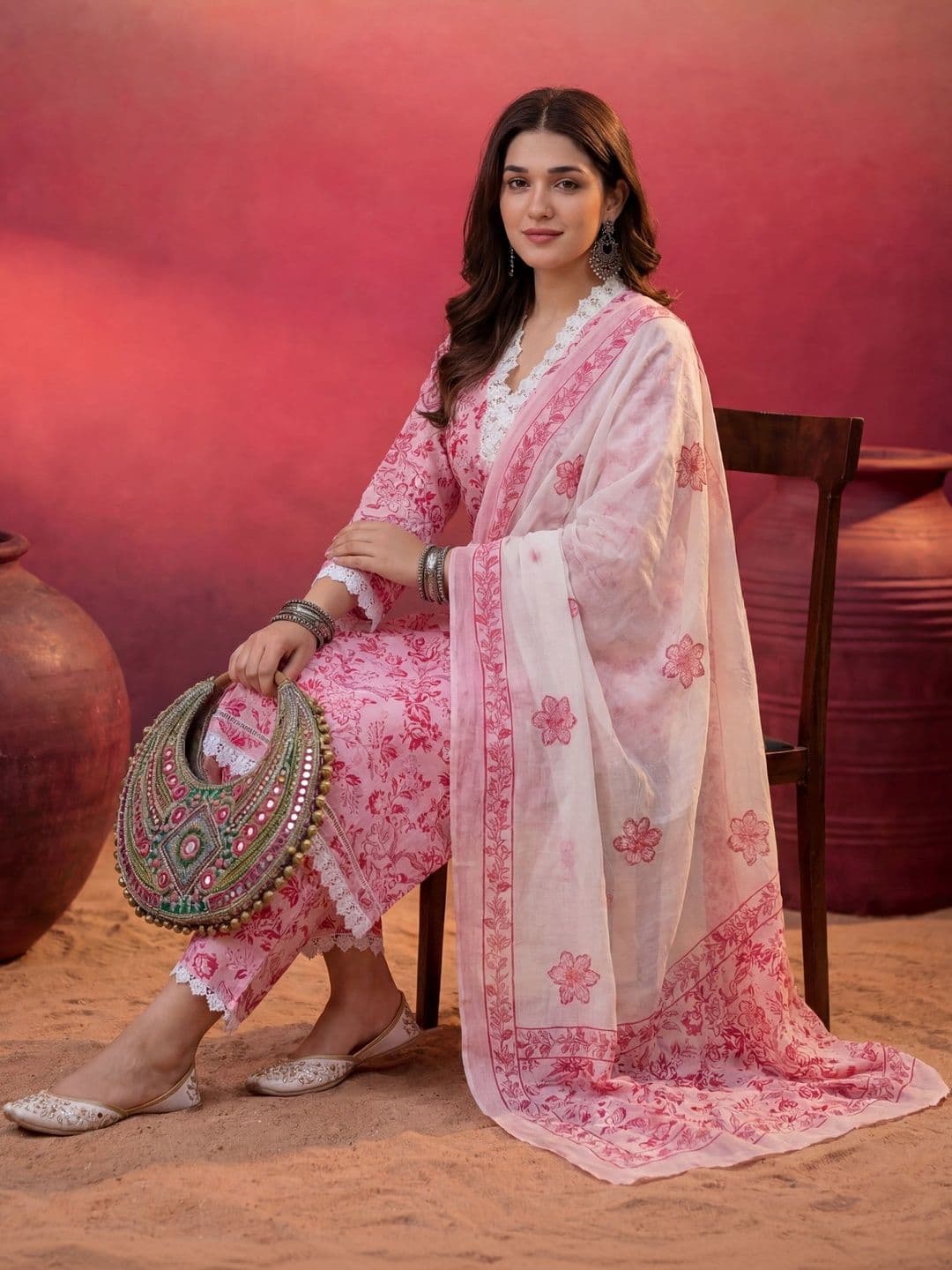 Sangria Printed Pure Cotton V-Neck Kurta & Trousers With Dupatta thumbnail 6