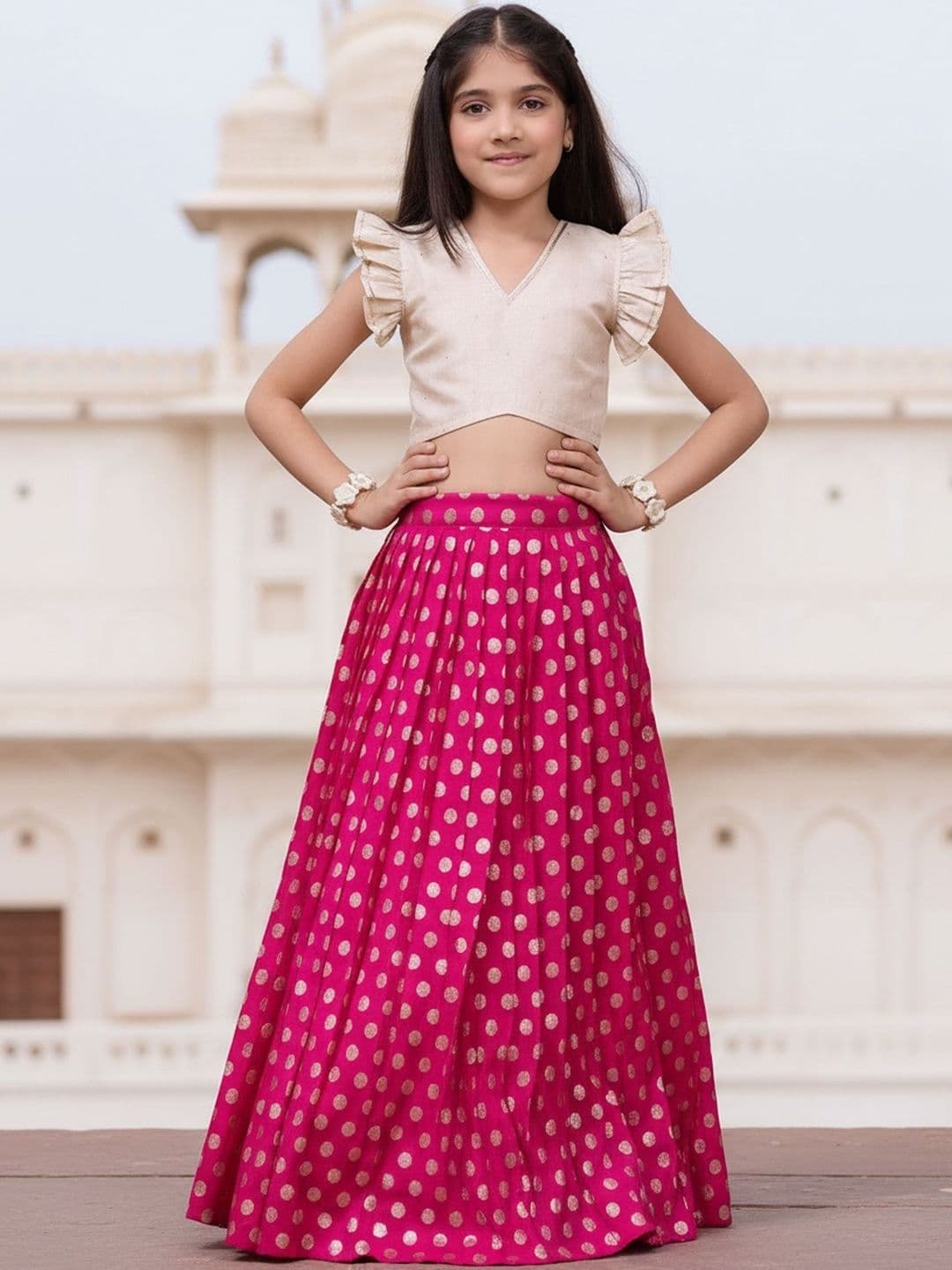 KALANANDI Girls Embellished Foil Print Ready to Wear Lehenga & - view 1