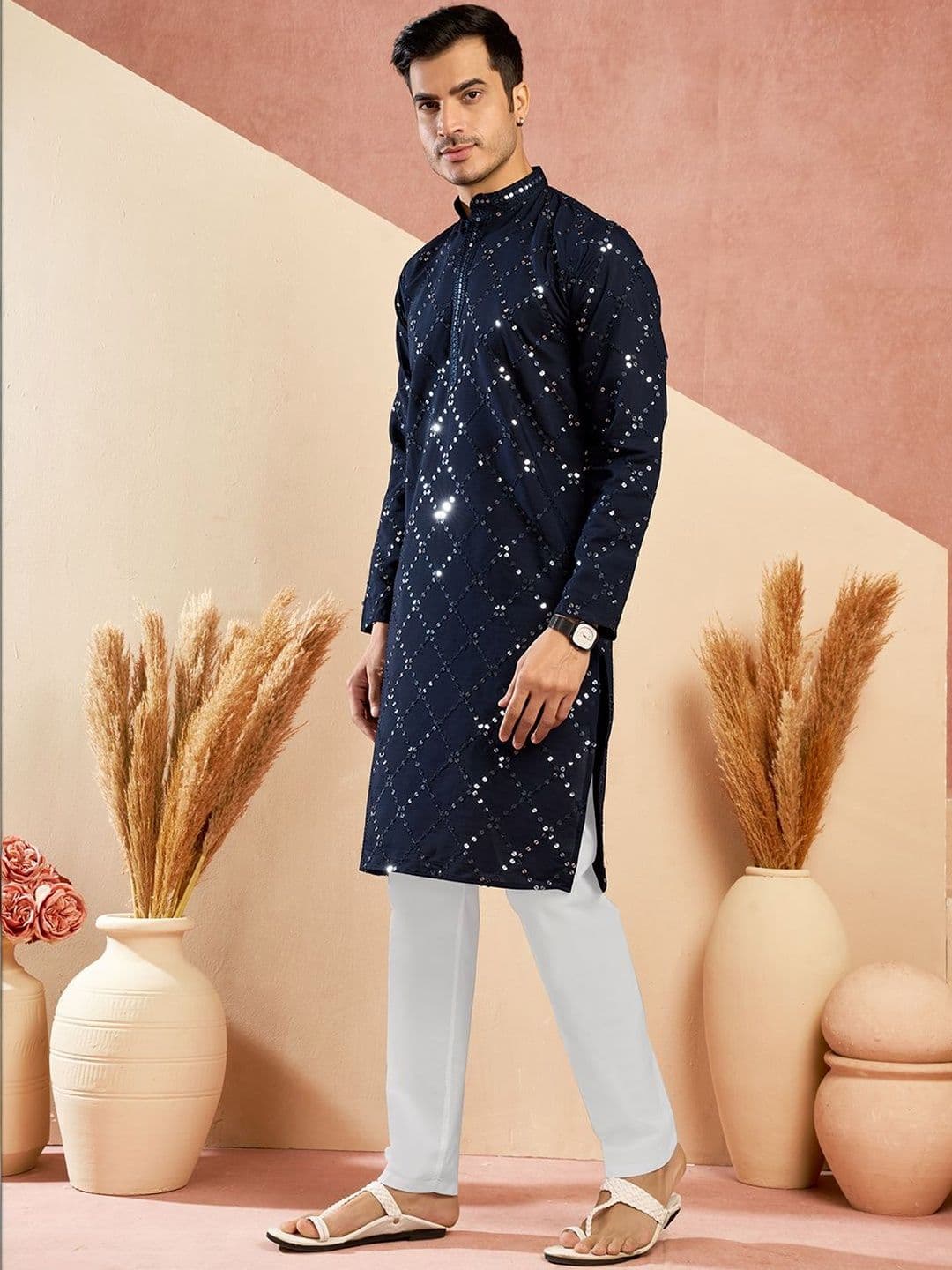 House of Pataudi Embroidered Cotton Mandarin Collar Knee Length Straight Kurta thumbnail 7