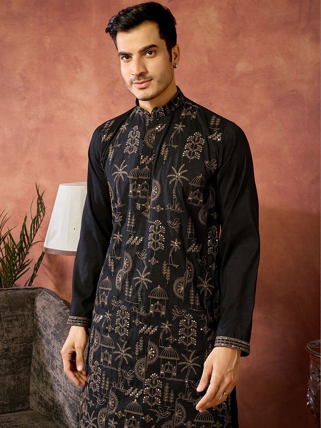 House of Pataudi Embroidered Cotton Mandarin Collar Knee Length Straight Kurta thumbnail 4
