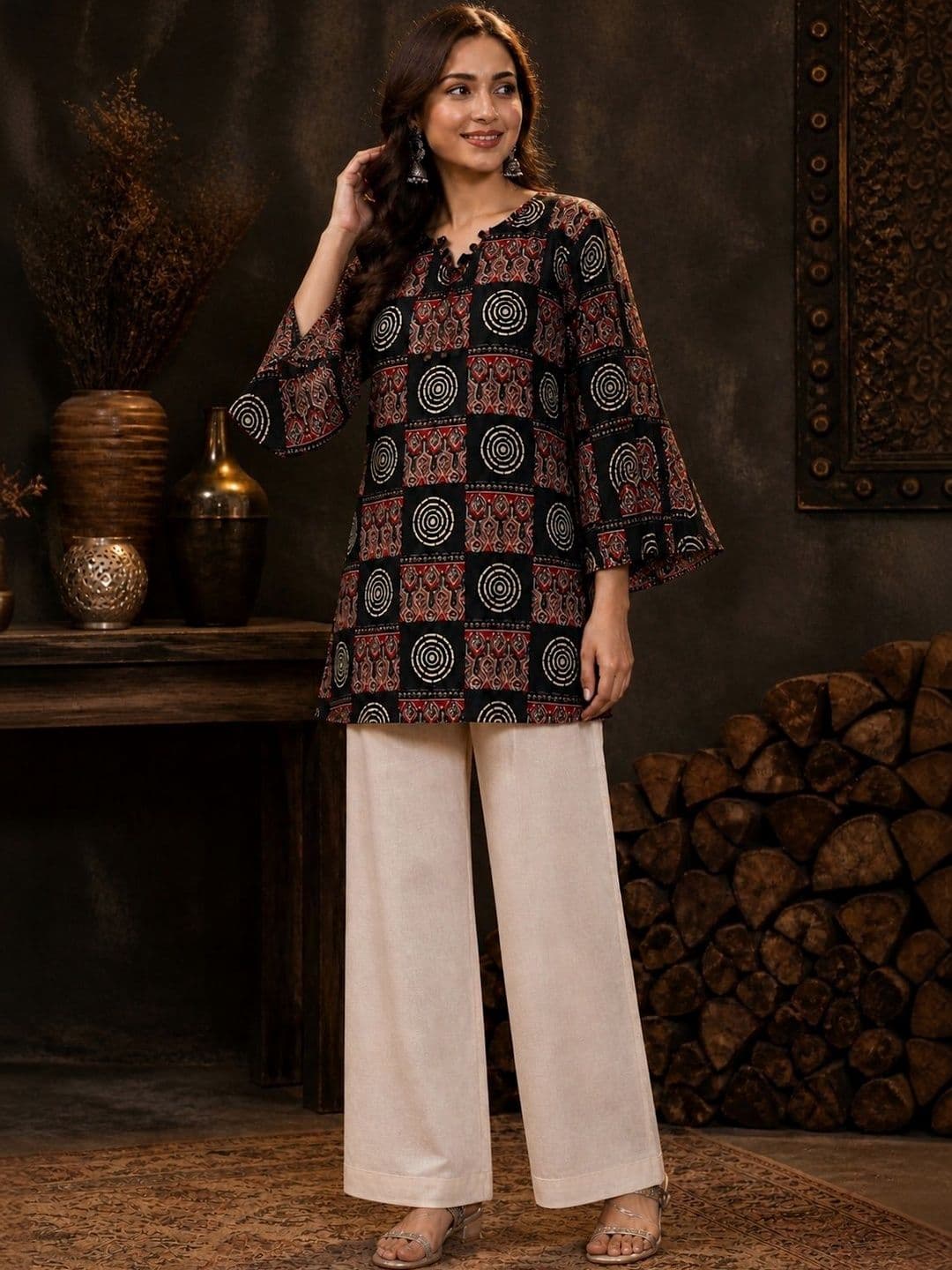 VICITRA Ethnic Motifs Printed V-Neck Flared Sleeves Pure Cotton Kurti thumbnail 5
